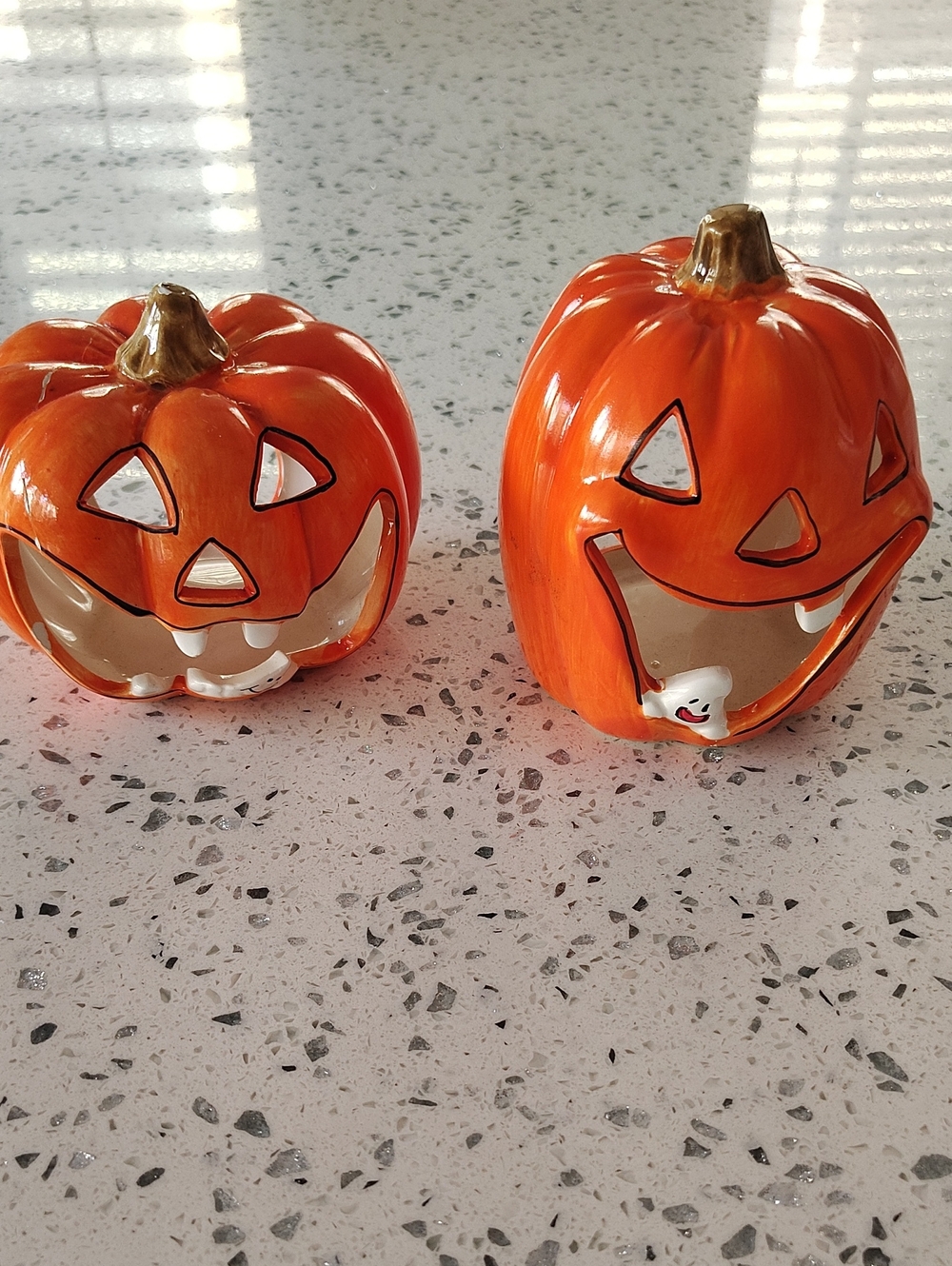 Vintage Orange Ceramic Jack-O'-Lantern Tealight Set - Halloween Home Accent
